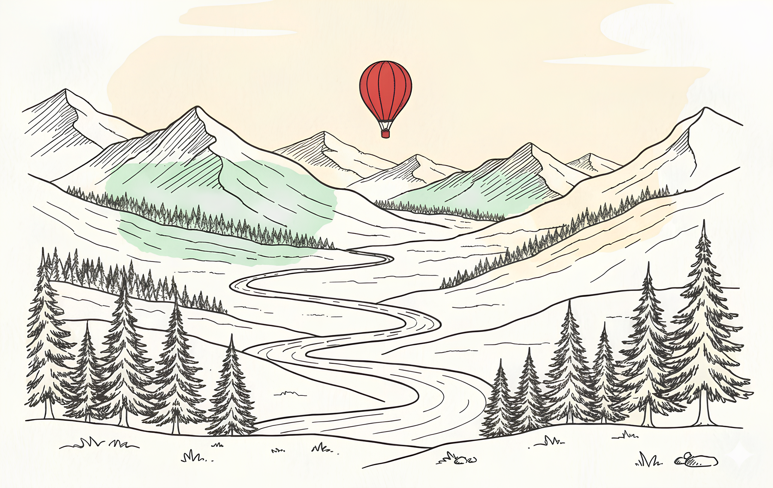 Mountain landscape with hot air balloon